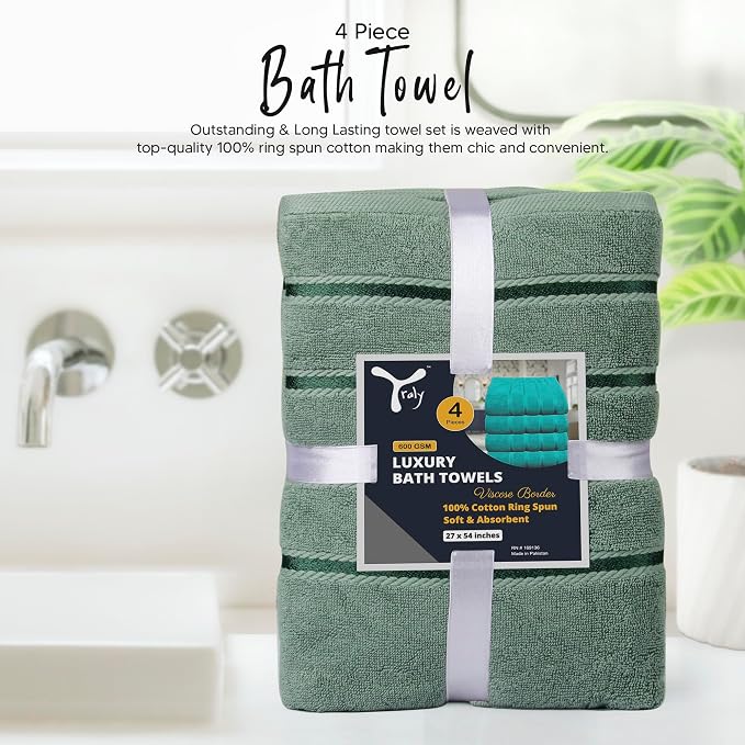 Luxury Bath Towels Set of 4, 27x54 Inches 600GSM 100% Cotton Ring Spun – Daily Use Highly Absorbent Viscose Stripe Bath Towel Sets for Bathroom, Hotel, Spa (Sage Green)