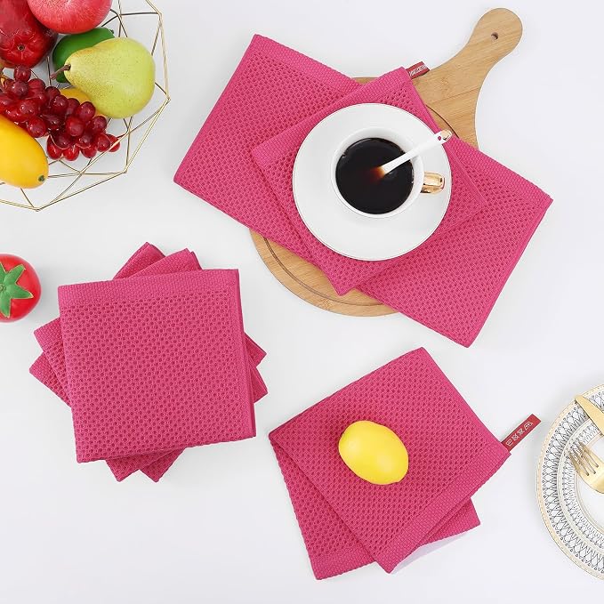 Homaxy 100% Cotton Waffle Weave Kitchen Dish Cloths, Ultra Soft Absorbent Quick Drying Dish Towels, 12 x 12 Inches, 6-Pack, Hot Pink