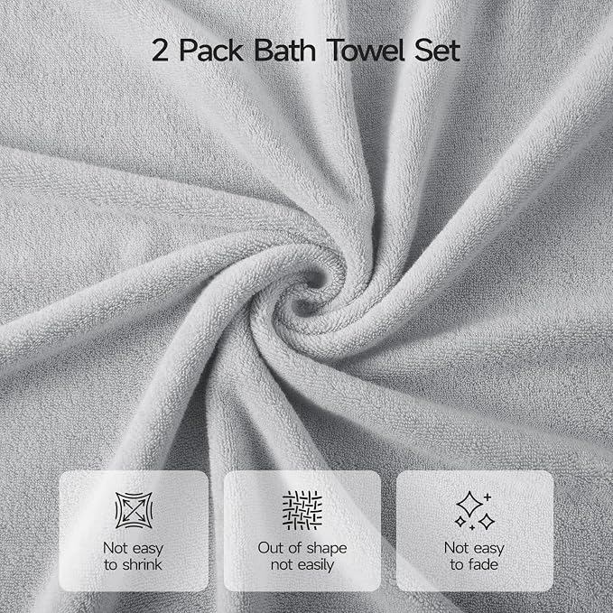 ecolook 2 Pack 100% Cotton Bath Towels, 28 x 55 Inches, Soft | Lightweight, Highly Absorbent & Quick Dry Body Towels for Bathroom, Shower, Gym & Daily Use, Light Gray