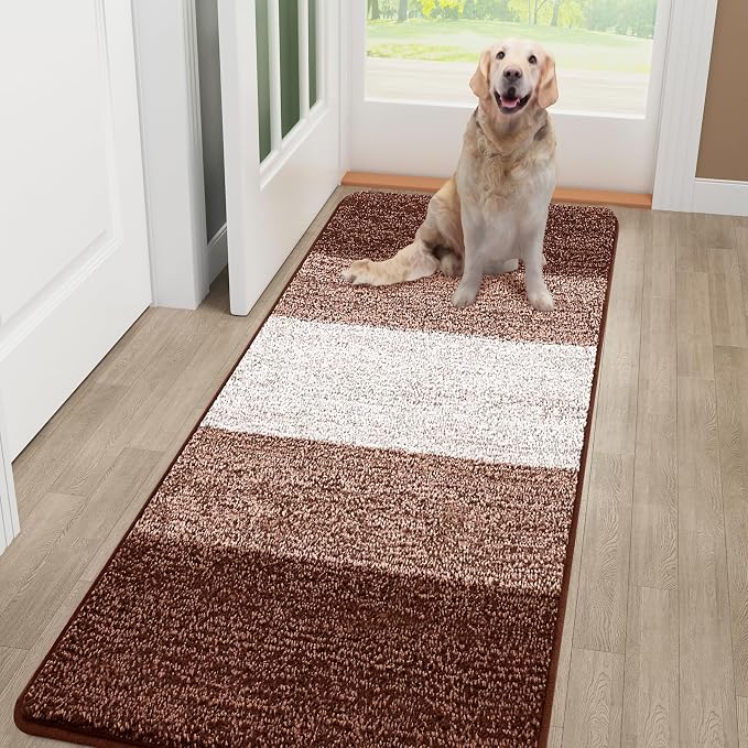 Smiry Dog Door Mat for Muddy Paws, Absorbs Moisture and Dirt, Low-Profile Entryway Mat with Non-Slip Backing, Entry Indoor Outdoor Doormat for Inside Floor (44x32 Inches, Brown, Striped)