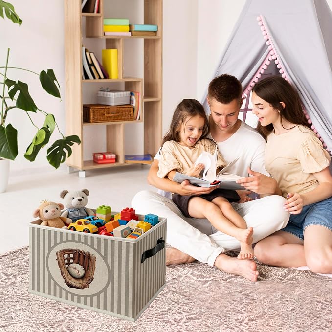 Vintage Baseball Nursery Foldable Storage Bins Box with Handles, Baseball Room Decor for Boys, Sports Collapsible Organizer Basket for Kids Nursery Room Bedroom Playroom Clothes Toys Books