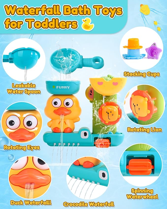Toddler Bath Toys for Kids Ages 1-3 Waterfall Bathtub Toys for Toddlers 2-4 | with 3 Strong Suction Cups & Stacking Cups Battery-Free Duck Sensory Shower Toys for Boys Girls Gifts