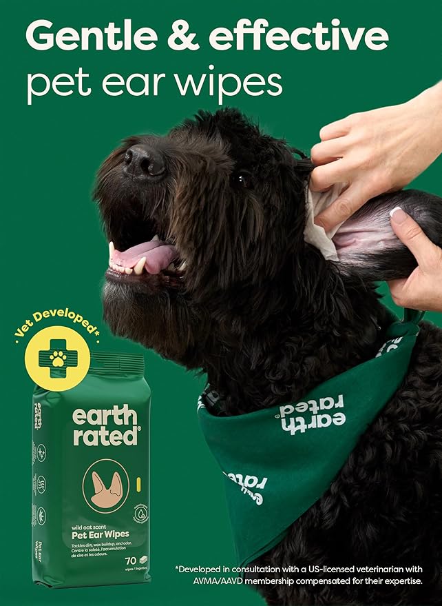 earth rated Dog Ear Wipes, Vet-Developed Pet Ear Wipes for Dogs & Cats, Hypoallergenic Cleaner to Remove Dirt and Wax, Wild Oat Scent, 70 Count