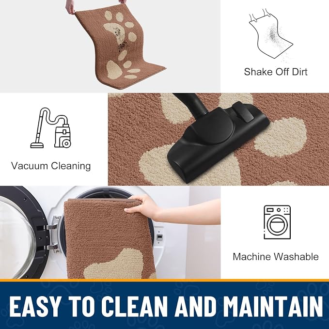 Smiry Dog Door Mat for Muddy Paws, Absorbs Moisture and Dirt, Low-Profile Entryway Mat with Non-Slip Backing, Entry Indoor Outdoor Doormat for Inside Floor (47x24 Inches, Camel, Paw)
