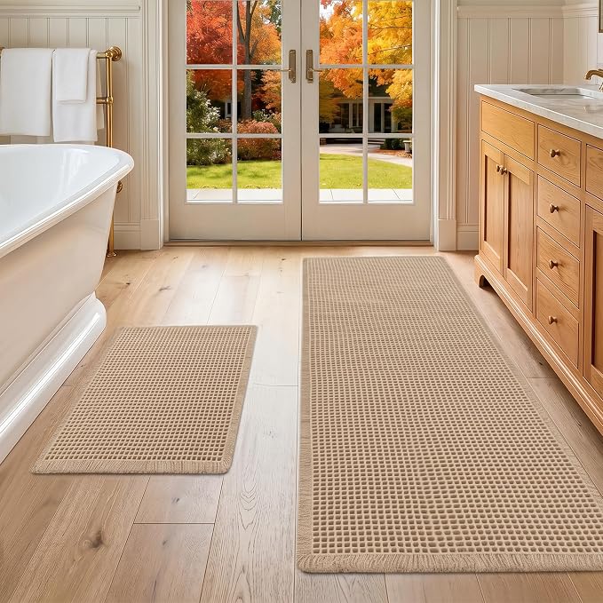 DWCN Set of 2 Waffle Boho Bathroom Mats, Non Slip Bath Rug Set for Bathroom Floor, Super Absorbent Shower Mats for Tub, Washable Kitchen Rugs for Farmhouse Home Decor, 16" x 24" Plus 24" x 60", Brown