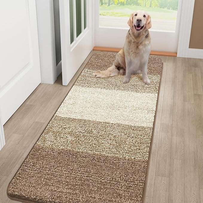 Smiry Dog Door Mat for Muddy Paws, Absorbs Moisture and Dirt, Low-Profile Entryway Mat with Non-Slip Backing, Entry Indoor Outdoor Doormat for Inside Floor (48x30 Inches, Khaki, Striped)
