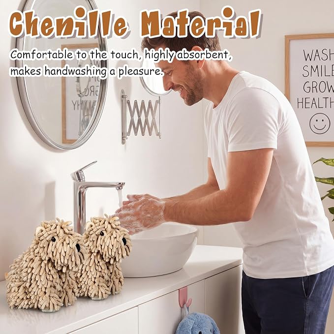 Tegeme 1 Pcs Chenille Dog Hand Towel Fuzzy Towel Absorbent Microfiber Soft for Bathroom Kitchen Washstand (Khaki,Siting Dog)