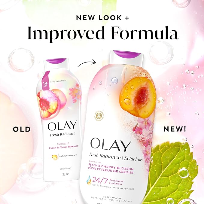 Olay Body Wash for Women, Fresh Radiance, 24/7 Skin-Loving Freshness, Visibly Radiant, Plant Based Cleansers, Vitamin B3 & Antioxidant Blend, For All Skin Types, Peach & Cherry Blossom Scent, 22 fl oz