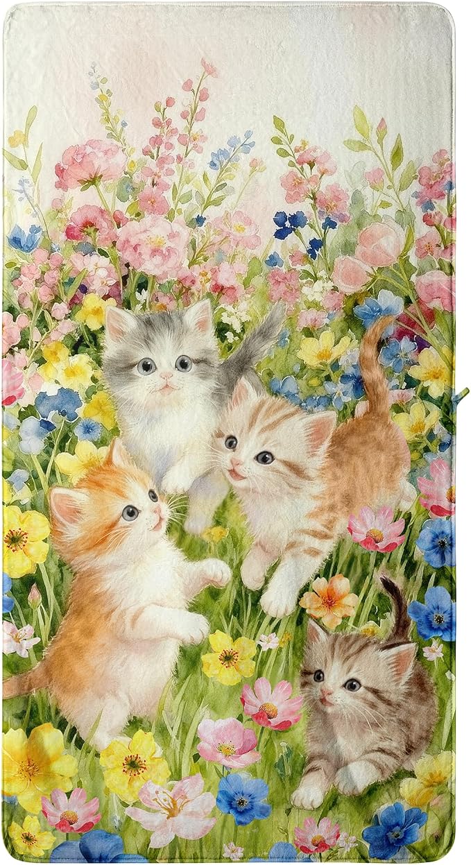Cute Cat Floral Bath Towels Highly Absorbent Coral Fleece Oversized Bathroom Towel for Cat Lover