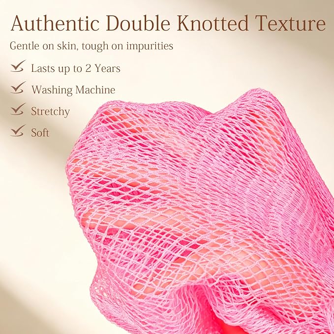 SheeChung African Net Sponge Authentic, Long Exfoliating Wash Cloths Shower Loofah Bath Sponge, 2 Pack Body & Back Scrubber for Women and Men (Neon Pink & Deep Purple)