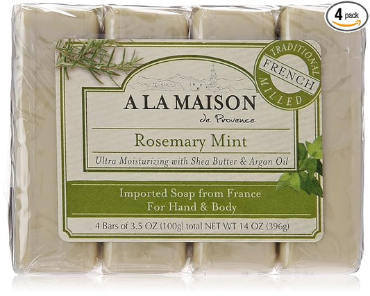 A LA MAISON Rosemary Mint Bar Soap - Triple French Milled Natural Moisturizing Hand Soap Bar (4 Bars of Soap, 3.5 oz)