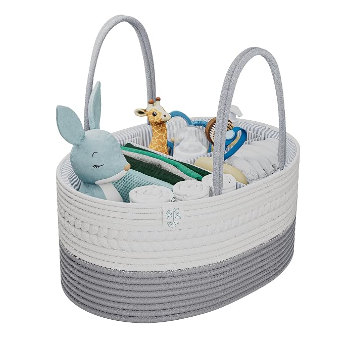 KiddyCare Diaper Caddy Organizer for Baby Nursery Basket with Handle Lid | Nursing bag with Changing Table Organizer Cart | Newborn Caddy | Grey Large size