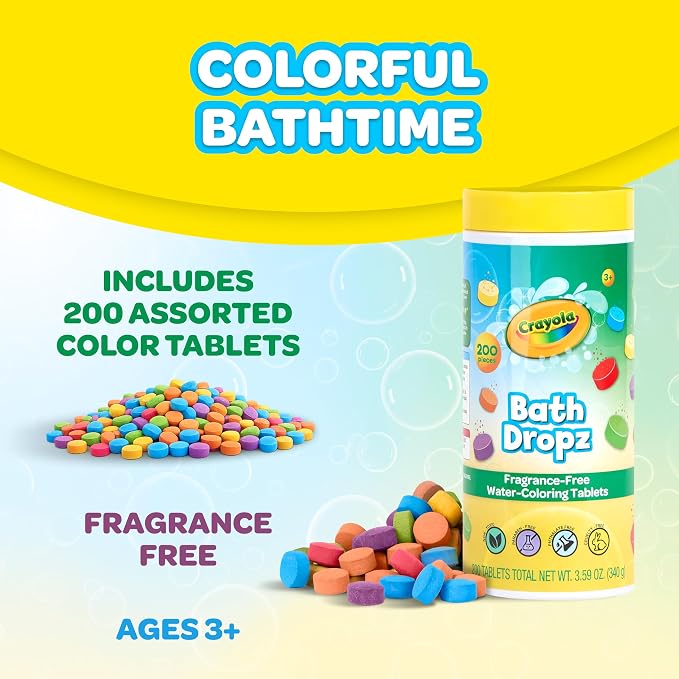 Crayola Bath Dropz Color Changing Tablets 200-Piece Value Pack, Fragrance Free Water Fizzies for Kids in Assorted Colors, Non-Toxic and Stain Free