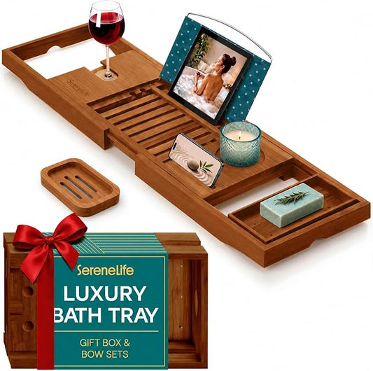 SereneLife Premium Bathtub Tray Caddy with Gift Box and Bow Set, Expandable Bath Tray, Unique House Warming Gifts for Mom, Women, Wedding, Anniversary, Bridal Shower, Fit for All Tub - Brown, Gift Set