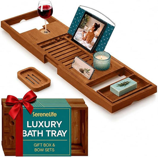 SereneLife Premium Bathtub Tray Caddy, Expandable Bath Tray, Unique House Warming Gifts, Gift for Mom, Women, New Home, Wedding, Anniversary, Bridal Shower, Universal Fit for All Tub - Brown, Gift Set