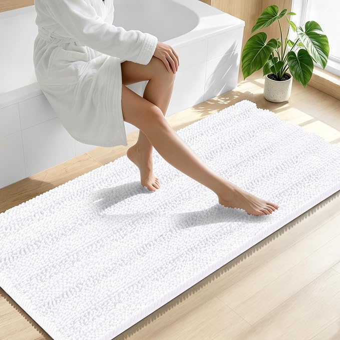 Smiry Thick Chenille Bathroom Runner Rugs 59x24, Absorbent Striped Bath Mat, Machine Washable, Rubber Backing, Extra Long Bath Rugs for Tub & Shower, Modern Home Decor Accessories, White