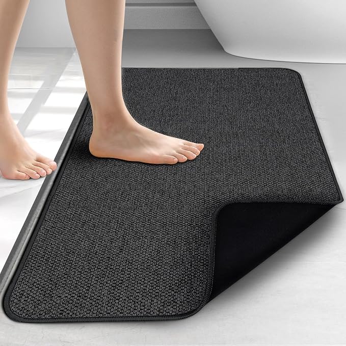 Upgraded Bath Mat 19x30Inch, Thin Bath Mats Rugs with Rubber Backing Non-Slip, Absorbent,Quick Dry Machine Washable, Home Decor Accessories Cozy Cloth Bathroom Rugs fit Under Door/Sink/Tub-Black