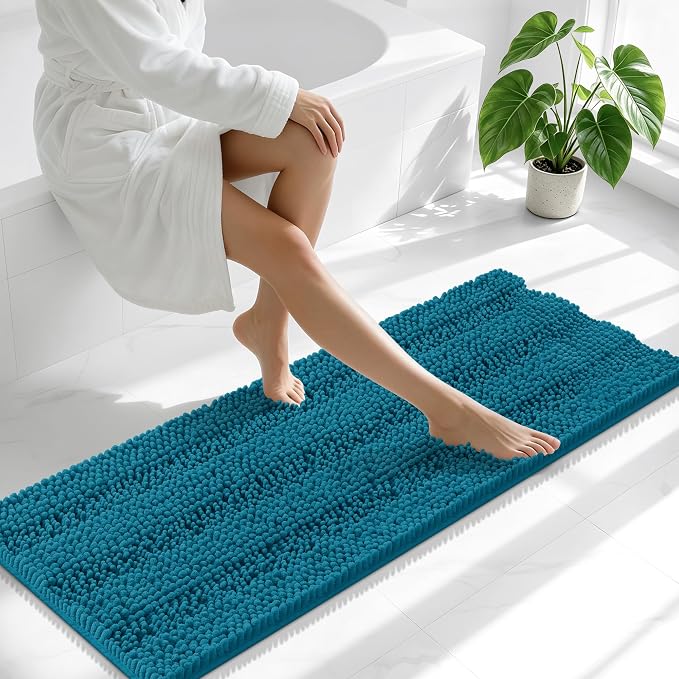 Smiry Thick Chenille Bathroom Runner Rugs 47x17, Extra Absorbent Striped Bath Mat, Machine Washable, Rubber Backing, Long Bath Rugs for Tub & Shower, Modern Home Decor Accessories, Peacock Blue