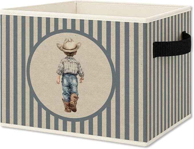 Western Cowboy Boy Nursery Foldable Storage Bins Box with Handles, Blue Striped Cowboy Toddler Boy Collapsible Organizer Basket for Boys Kids Bedroom Bathroom Playroom Clothes Books