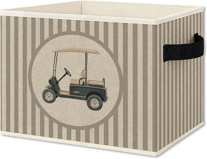 Vintage Golf Nursery Storage Bins Box with Handles, Golfing Sports Decor for Boys, Striped Golf Cart Aesthetic Collapsible Organizer Basket for Nursery Room Bedroom Playroom Toys Books