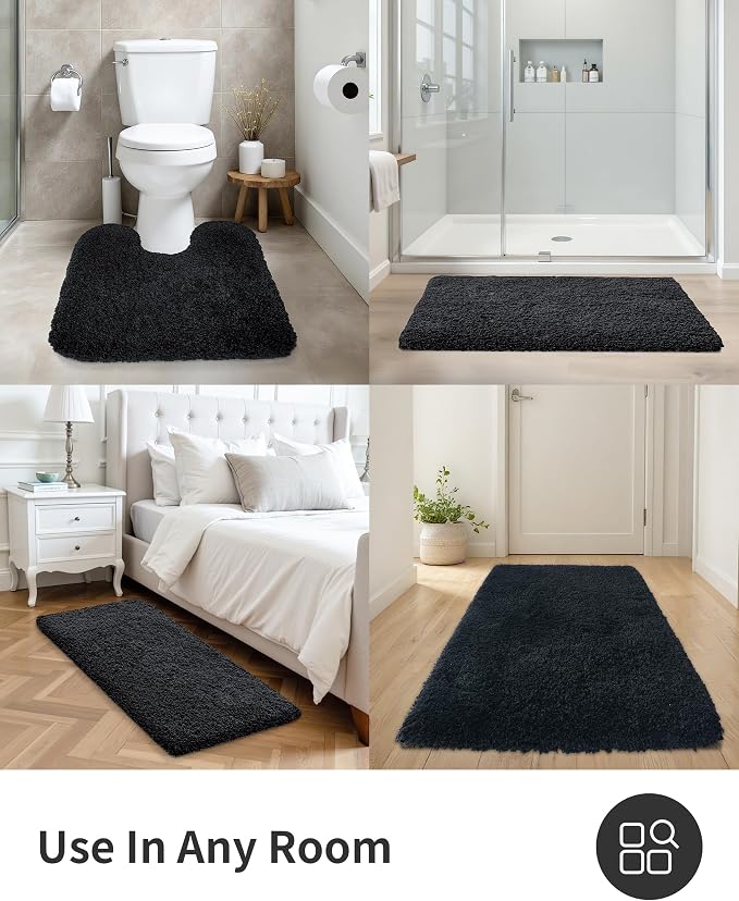 ILANGO Black Toilet Rugs U Shaped 22" × 24" Non Slip & Super Absorbent Extra Thick Soft, Washable Bath Mats for Bathroom Floor, Microfiber Plush Shaggy Contour Bath Rugs for Toilet,Dry Quick