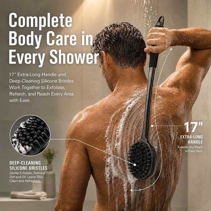 Back Scrubber for Shower, 15.7" Loofah with Handle, Back Shower Brush with Bristles and Loofah, Dry Brushing Body Brush for Cleanse Back with Curved Long Handle (Black)