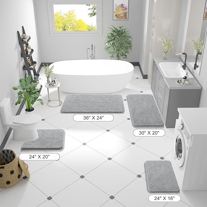 OLANLY Bathroom Runner Rugs 44x24, Soft Absorbent Chenille Bath Rugs, Rubber Backing Quick Dry, Machine Washable Long Bath Mats for Bathroom Floor, Tub and Shower, Home Decor Accessories, Light Grey