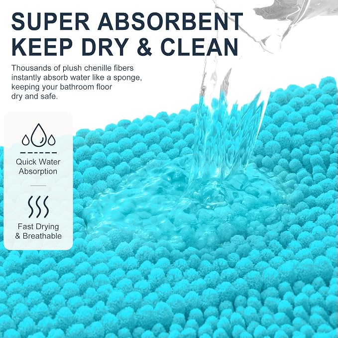 Smiry Thick Chenille Bathroom Runner Rugs 44x24, Extra Absorbent Striped Bath Mat, Machine Washable, Rubber Backing, Long Bath Rugs for Bathroom, Tub & Shower, Home Decor Accessories, Aqua Sky