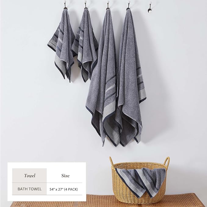 Great Bay Home Decorative Bath Towel Set - Cotton 4 Pack 54x27 Bath Towel Set - Durable Towels for Bathroom Decor (Moroccan Blue/December Sky)