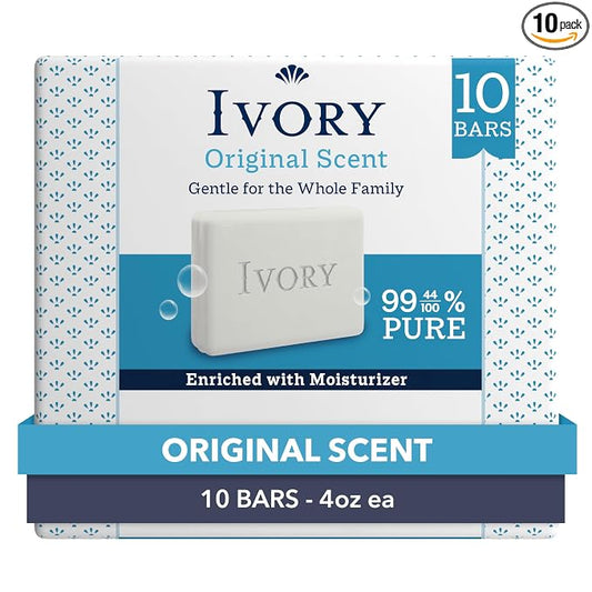 Ivory Gentle Bar Soap, Designed for Whole Family, 99.44% Pure Formula, Plant-Based Cleanser, Made Without Heavy Perfumes, Parabens & Phthalates, For All Skin Types, Original Scent, 4.0 oz (10 Count)