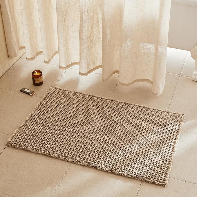 TYUU Waffle Bath Mat, Boho Bathroom Rugs Non Slip Washable Super Absorbent Quick Dry Bath Mat Farmhouse Bathroom Decor, 36"x24" Beige