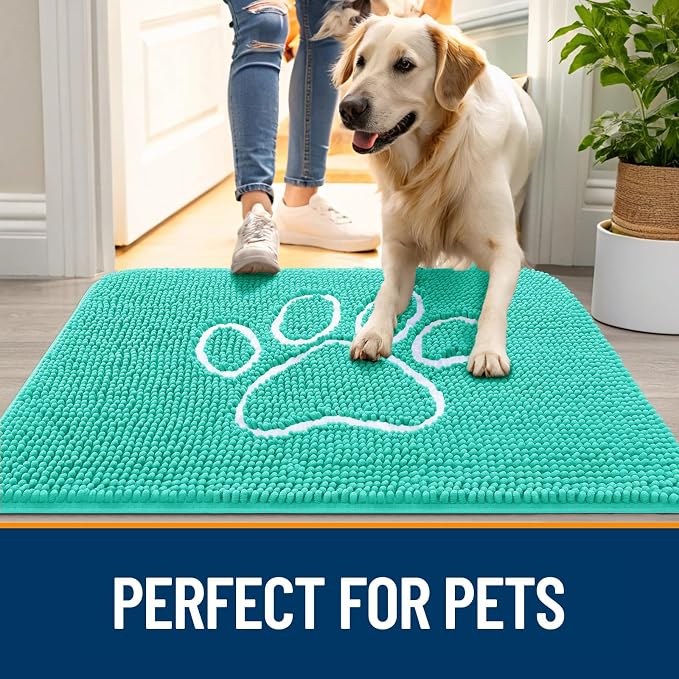 OLANLY Dog Door Mat for Muddy Paws 24x16, Paw Print Design, Absorbs Moisture and Dirt, Absorbent Non-Slip Washable Doormat, Quick Dry Chenille Mud Mat for Dogs, Entry Indoor Entryway Carpet, Teal