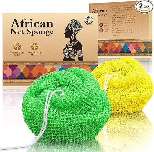 Authentic African Net Sponge - 2 Pieces Deep Clean Exfoliating Sponge - Soft Weave for Gentle Exfoliation, All-Skin-Type Shower Accessory (Yellow Green)