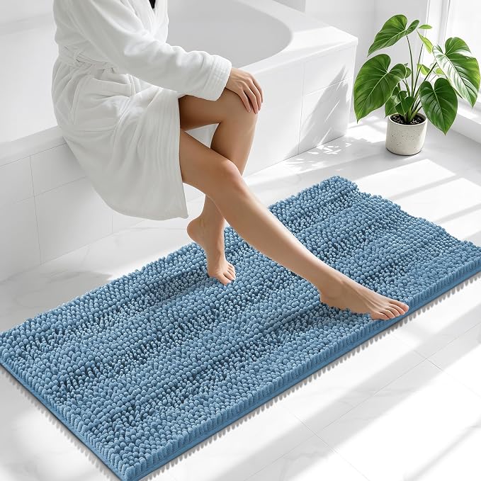 Smiry Thick Chenille Bathroom Runner Rugs 47x20, Extra Absorbent Striped Bath Mat, Machine Washable, Rubber Backing, Long Bath Rugs for Tub & Shower, Modern Home Decor Accessories, Airy Blue