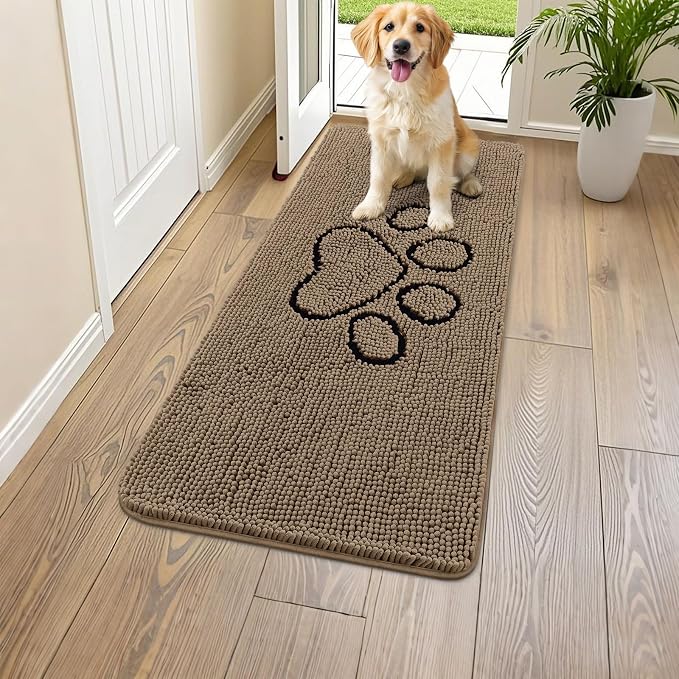 Smiry Dog Door Mat for Muddy Paws, Absorbent Dirt Trapper Non Slip Quick Dry Washable Chenille Mat for Mud Dogs, Entry Rug for Indoor and Outdoor (47x20 Inches, Camel and Black)