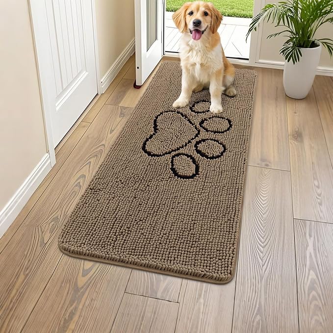 Smiry Dog Door Mat for Muddy Paws, Absorbent Dirt Trapper Non Slip Quick Dry Washable Chenille Mat for Mud Dogs, Entry Rug for Indoor and Outdoor (44x24 Inches, Camel and Black)