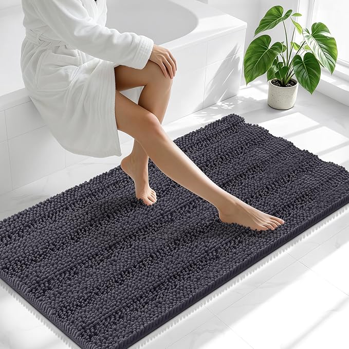 Smiry Thick Chenille Bathroom Runner Rugs 47x24, Extra Absorbent Striped Bath Mat, Machine Washable, Rubber Backing, Long Bath Rugs for Tub & Shower, Modern Home Decor Accessories, Dark Grey