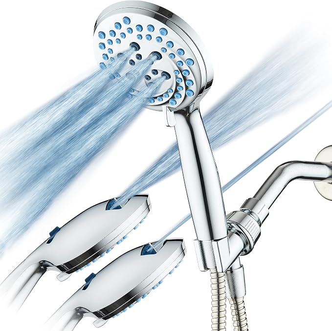 AquaCare Seen-On-TV High Pressure 8-mode Handheld Shower Head - 2-mode Power Wash to Clean Tub, Tile & Pets, Stay-Clean Nozzles, Extra Long 6 ft. Stainless Steel Hose, Wall & Overhead Brackets, Chrome
