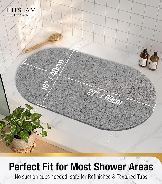 HITSLAM Oval Loofah Shower Mat Non Slip, 27x16 Inch, Grey | Bath Mat for Textured Tub & Inside Shower Stall, No Suction Cups Quick Drying PVC Porous Floor Mat, Soft Foot Exfoliating