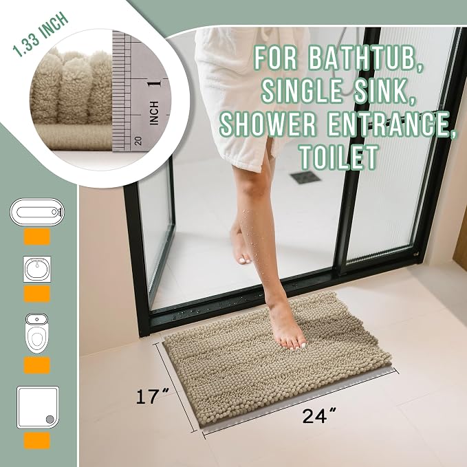 Yimobra Bathroom Rug Mat, Non Slip and Super Absorbent Bath Mat, Machine Washable Quick Dry, Ultra Plush Chenille Shower Rugs for Bathroom Floor Sink Tub and Shower Outside, Camel， 24 x 17