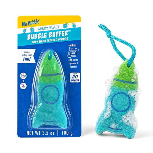 Mr. Bubble Bubble Buffer Body Wash Infused Sponge, Rocket Shape, Berry Blast Scent, 3.5 oz