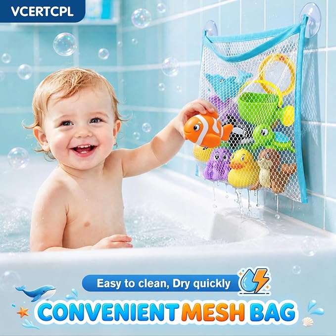 Vcertcpl Bath Toys for Kids Toddler Bathtub Toys, No Hole Baby Bath Toys with Floating Rubber Animals, Watering Can, Duck Net and Spoon, 11 Pack Bathtub Sand Beach Pool Toys Water Toys for Kids