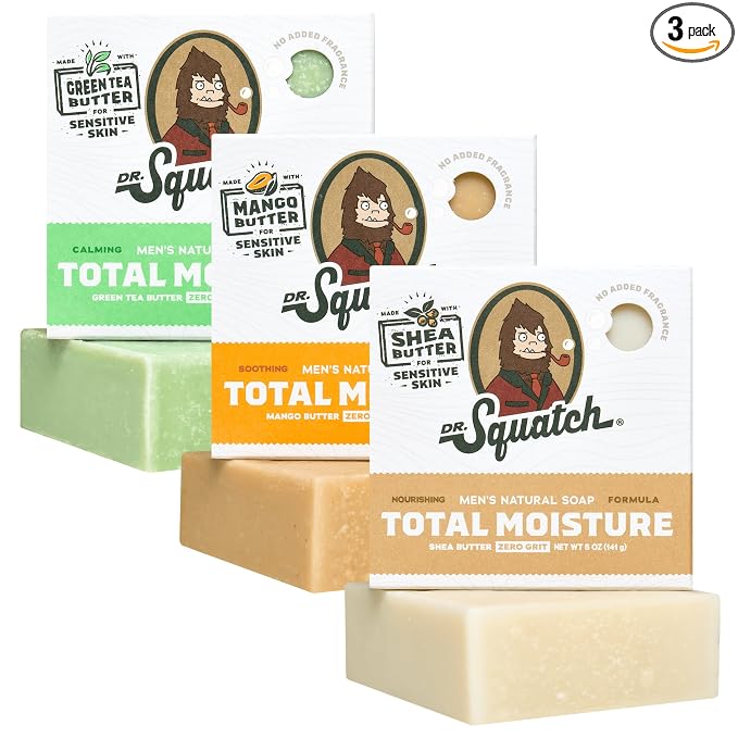 Dr. Squatch Total Moisture Natural Men’s Bar Soap – Non-Drying 2-in-1 Face + Body Soap Bar – Plant-Based Ingredients, Created for All Skin Types – Gifts for Men – 5oz (3-Pack)