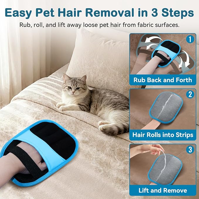 2 Pack Pet Hair Remover Glove for Cats & Dogs, Couch, Carpet, Car Seats | Washable Static 5-finger Mitt, Dog and Cat Hair Remover for Couch, Carpet, Furniture, Car Seats, Rugs and Pet Beds
