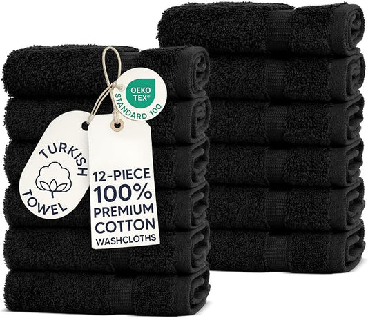 Chakir Turkish Linens 12 Piece Washcloth Set, 100% Cotton Luxury Turkish Washcloths for Bathroom, Soft Absorbent Washcloths, 13 x 13 Inches, Black