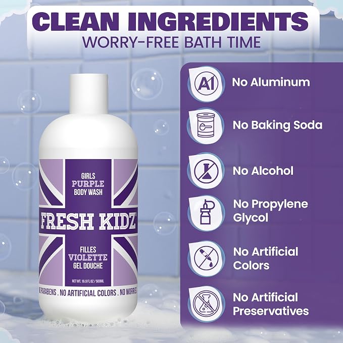 Fresh Kidz Body Wash for Kids and Teens - Gentle Bath and Shower Cleanser for All Skin Types - Girls Purple, 16.9 Fl. oz.