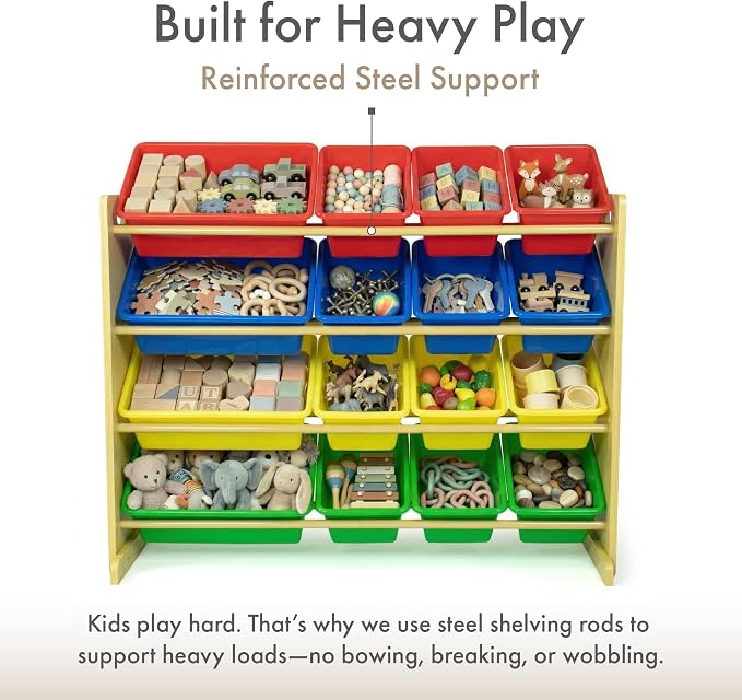 Humble Crew Toy Storage Organizer with 16 Removable Storage Bins for Kids Playroom, 4-Tier Toddler Toy Organization, Natural Wood/Primary