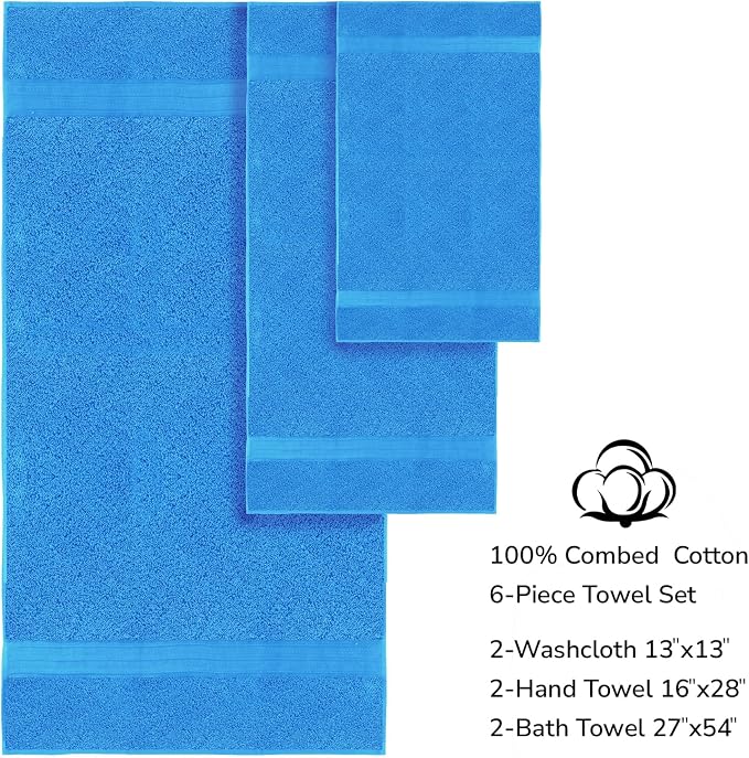 Feather & Stitch 100% Cotton Bath Towel Set of 6, 625 GSM Ultra Soft Highly Absorbent 2 Bath Towels, 2 Hand Towels & 2 Washcloth - Luxury Quick Dry Shower Towels. (Deep Cyan)