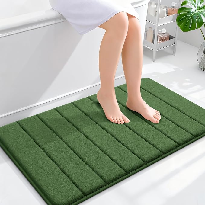 OLANLY Memory Foam Bath Mat 35x24, Super Soft Absorbent Bathroom Rugs, Quick Dry, Machine Washable Shower Floor Rugs, Bathmat Carpet, Bathroom Home Decor Accessories, Olive Green