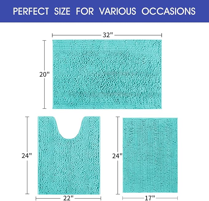 ACCUMTEK Striped Teal Green Bathroom Rug Set 3 Pieces Ultra Soft, Non Slip Chenille Toilet Mat, Absorbent Plush Shaggy Bath Mats for Bathroom, Bedroom, Kitchen, Turquoise